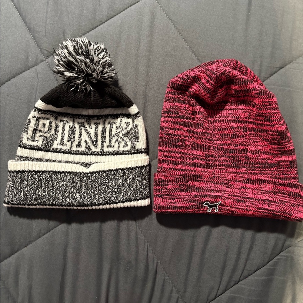 2 Black and Pink “PINK”  Knit Beanies